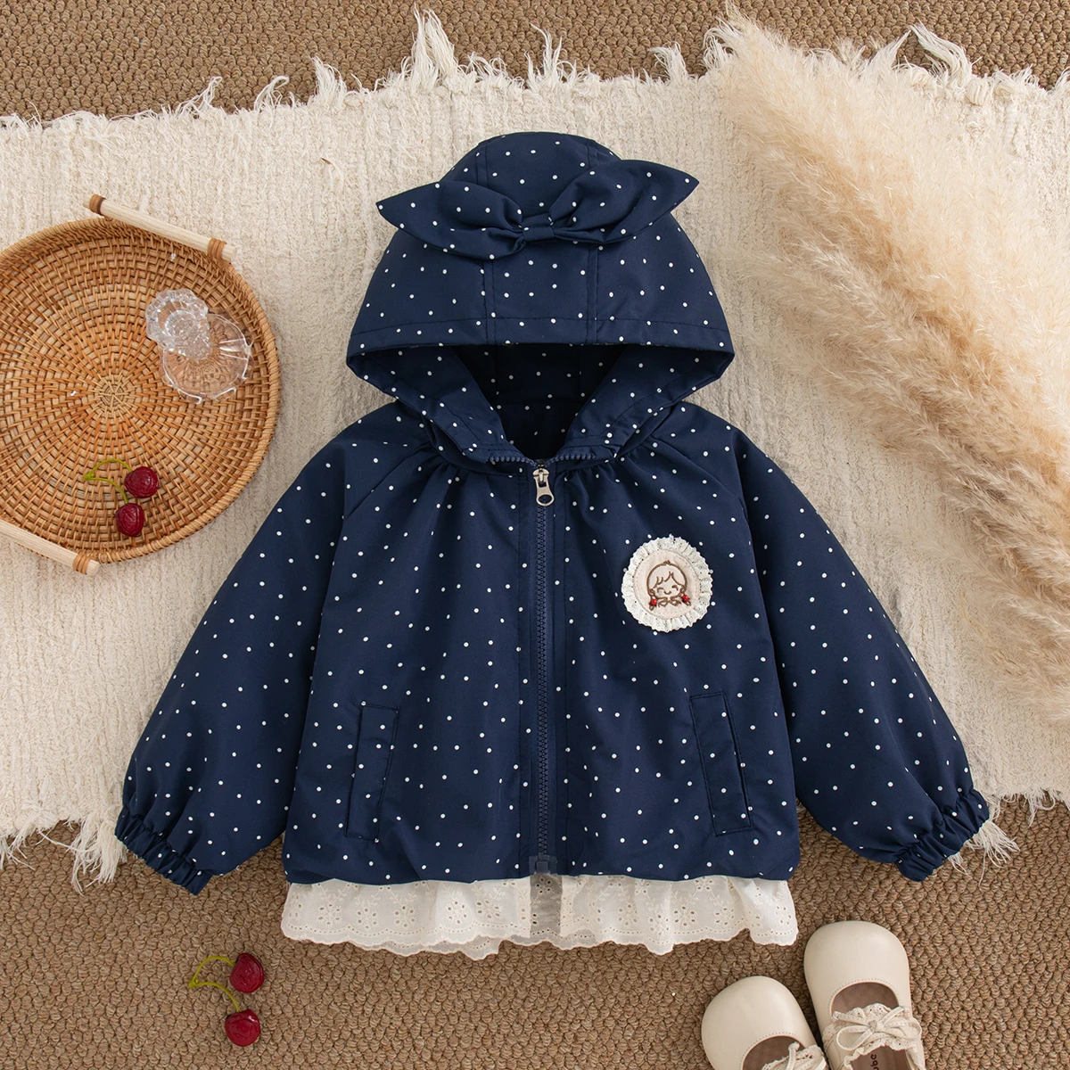 Baby Girl Korean Style Navy Blue Polka Dots Bow Hooded Tops Autumn Toddler Lace Spliced Long Sleeved Coat