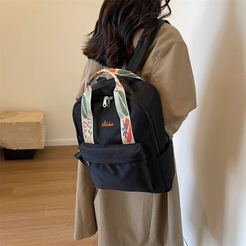 Nylon Fabric Fashion Backpack For Women Floral Hand Strap Pure Color Large Capacity Travel Bag Multi-pocket School Book Rucksack