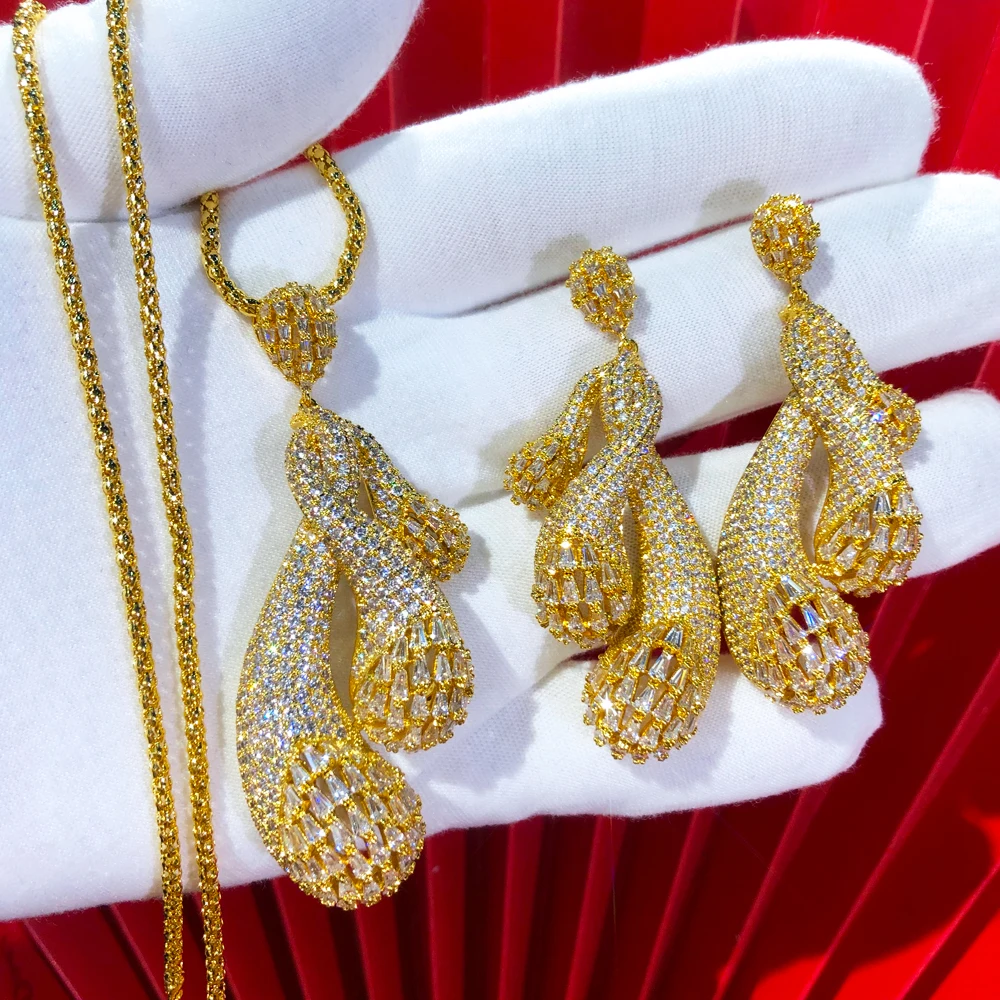 GODKI Big Fashion Luxury 2PCS Twist Cross Statement Jewelry Sets For Women Wedding Party Full Zircon Dubai Bridal jewelry Gifts