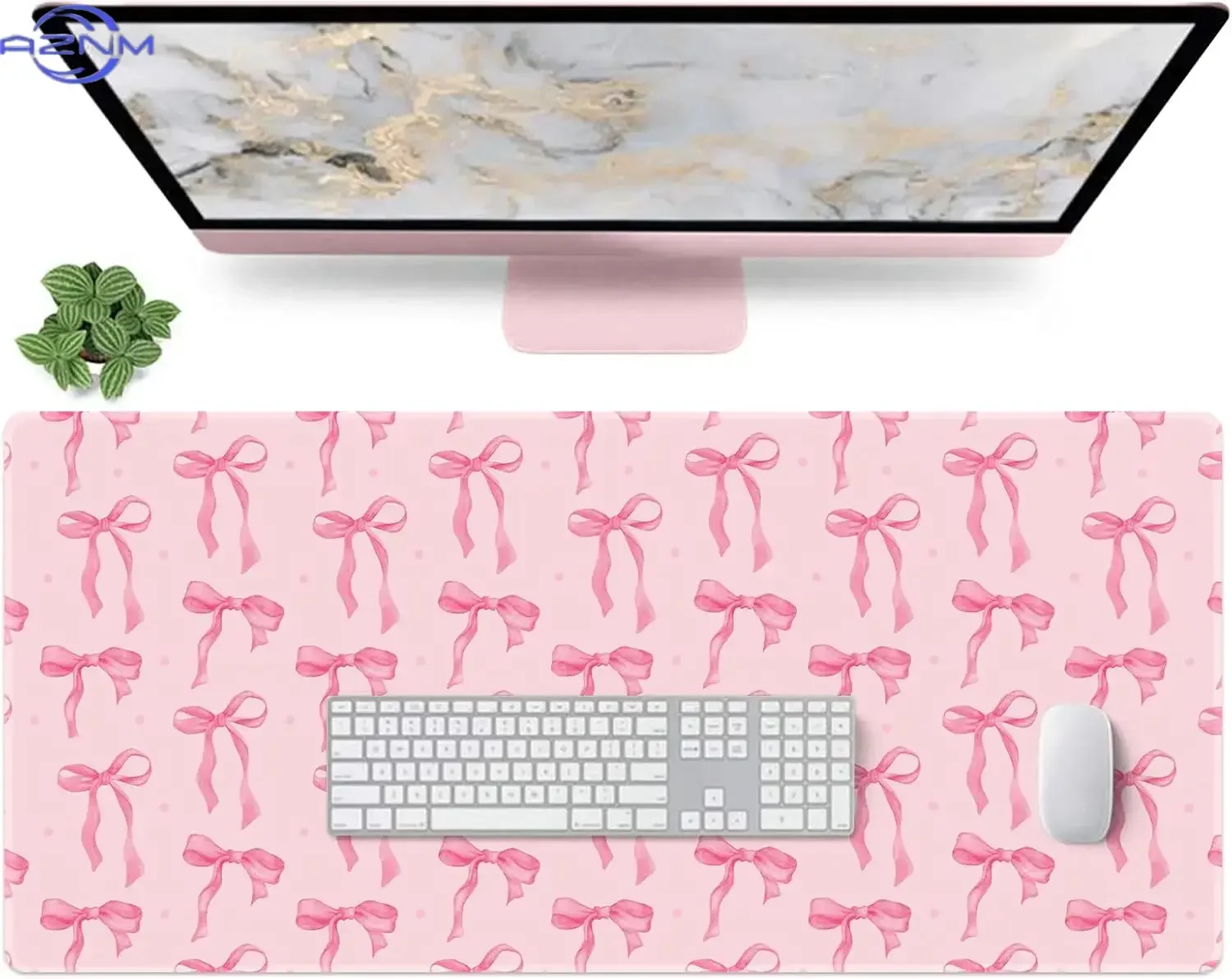 Sweet Pink Dot Bow Mouse Pad, Watercolor Ribbon Knot Pattern Non Slip Desk Mat for Gamers Office Home Keyboard Desktop Decor