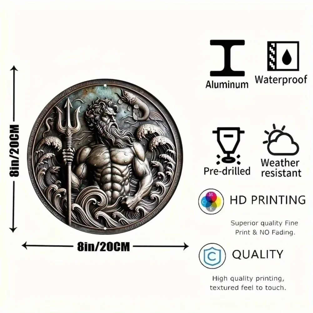 لافتة ألومنيوم مستديرة تحت عنوان بوسيدون (8 بوصة × 8 بوصة) - مثالية للأكاليل وديكور الغرفة والمطبخ والحديقة والمكتب والمرآب #5