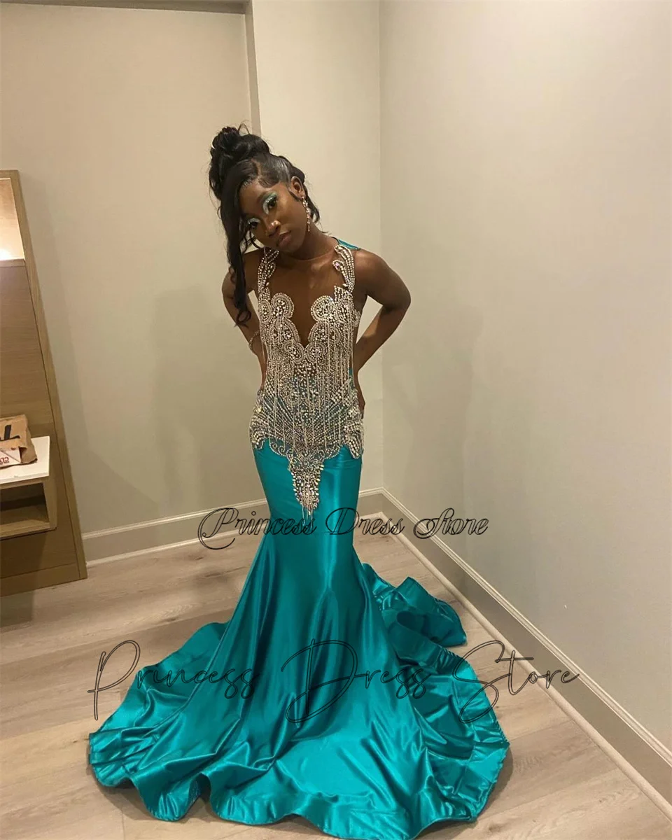 Glitter Peacock Blue Mermaid Long Prom Dress For Black Girls Silver Crystal  Rhinestones Robe De Bal Birthday Party Evening Gown