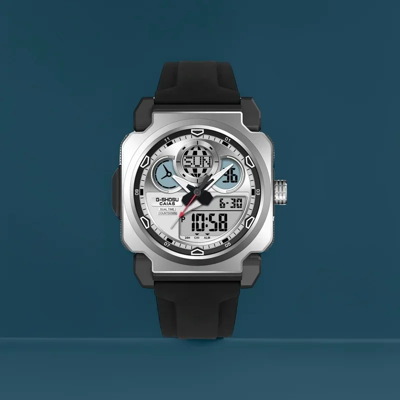 

Digital Sports Electronic Unisex watch World Time Full Function LED Dual Display Alloy Square Dial GM Oak Series