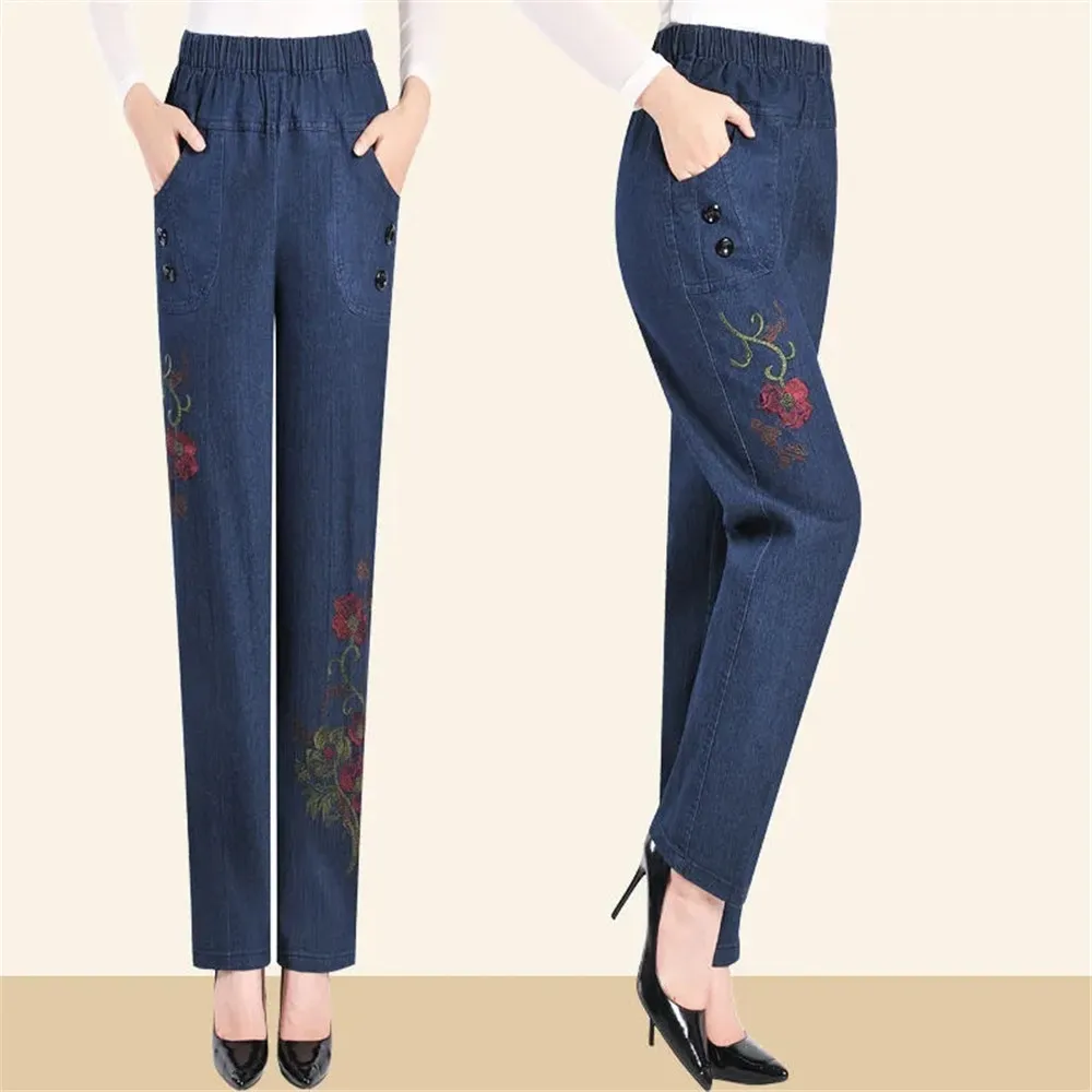 Jean Spinal Brodé de Fleurs Décontracté, Pantalon en Denim, Taille Haute, artificiel astique, Vintage, Baggy, Poches, Y2k