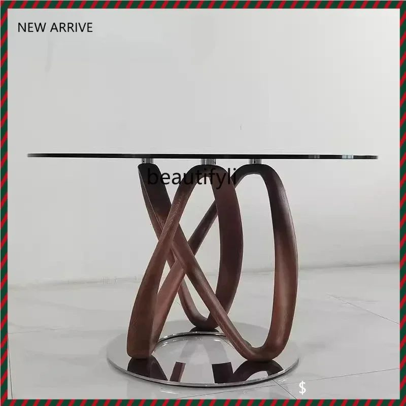 TTT Italian minimalist light luxury modern living room glass surface solid wood round dining table stainless steel base designer