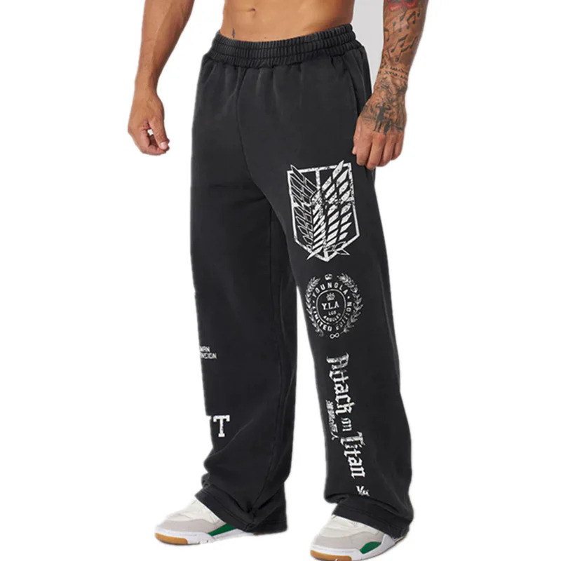 new 2026 American sports pants gym fitness running training pants cotton wool print wide leg pants - Image 2