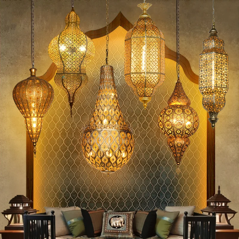 Vintage Antique Hollow Carving Pendant Lamp Southeast Asia Moroccan Golden Hanging Light Restaurant Bar Industrial Pendant Light