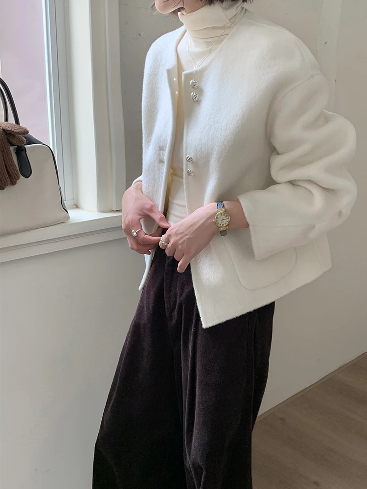 

Double-Sided Woolen ort Coat Women's Sle White Color Korean Version Commute Faion Autumn Winter Outerwear Jaet