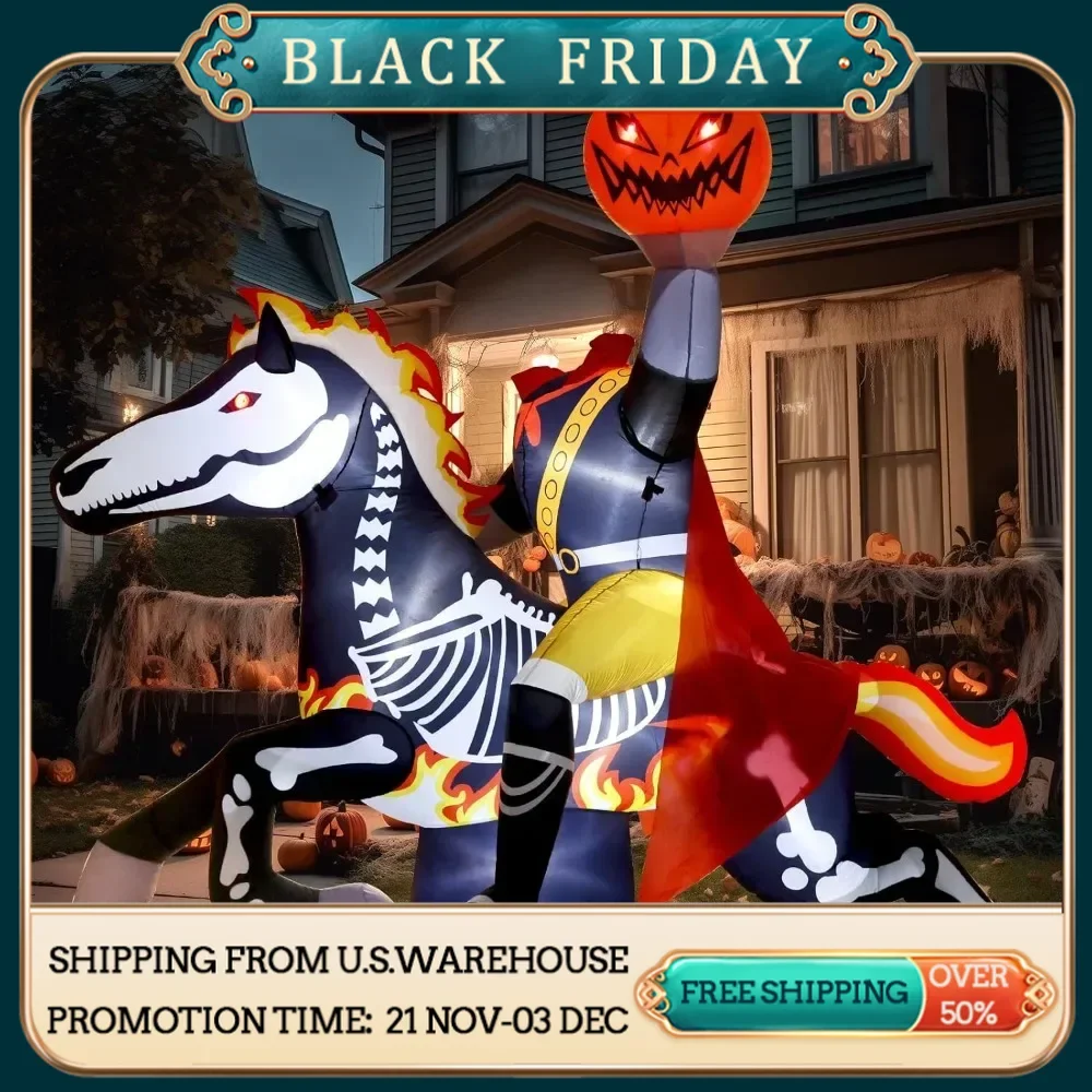 9 Ft Halloween Inflatable Headless Horseman Outdoor Decorations, Day of The Dead Blow Up Yard Decor with Built-in LED Light