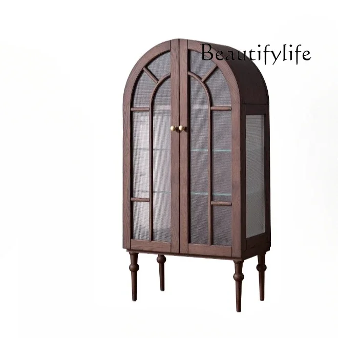 French retro solid wood glass dining side cabinet, living room integrated against the wall, high-end arched wine cabinet