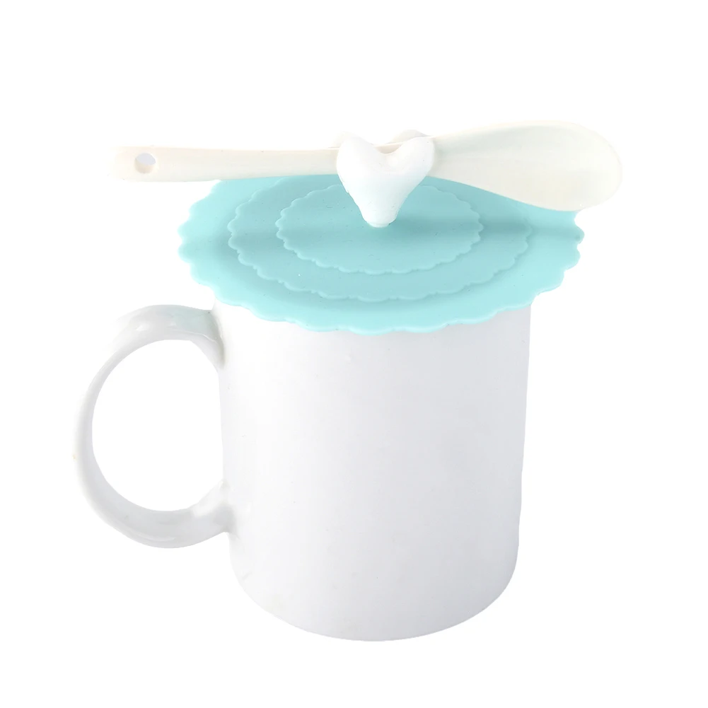 Love Heart-shaped Drinking Cup Lid Silicone With Spoon Holder Cute Universal Anti-dust Bowl Cover Cup Seals For Glass Mugs