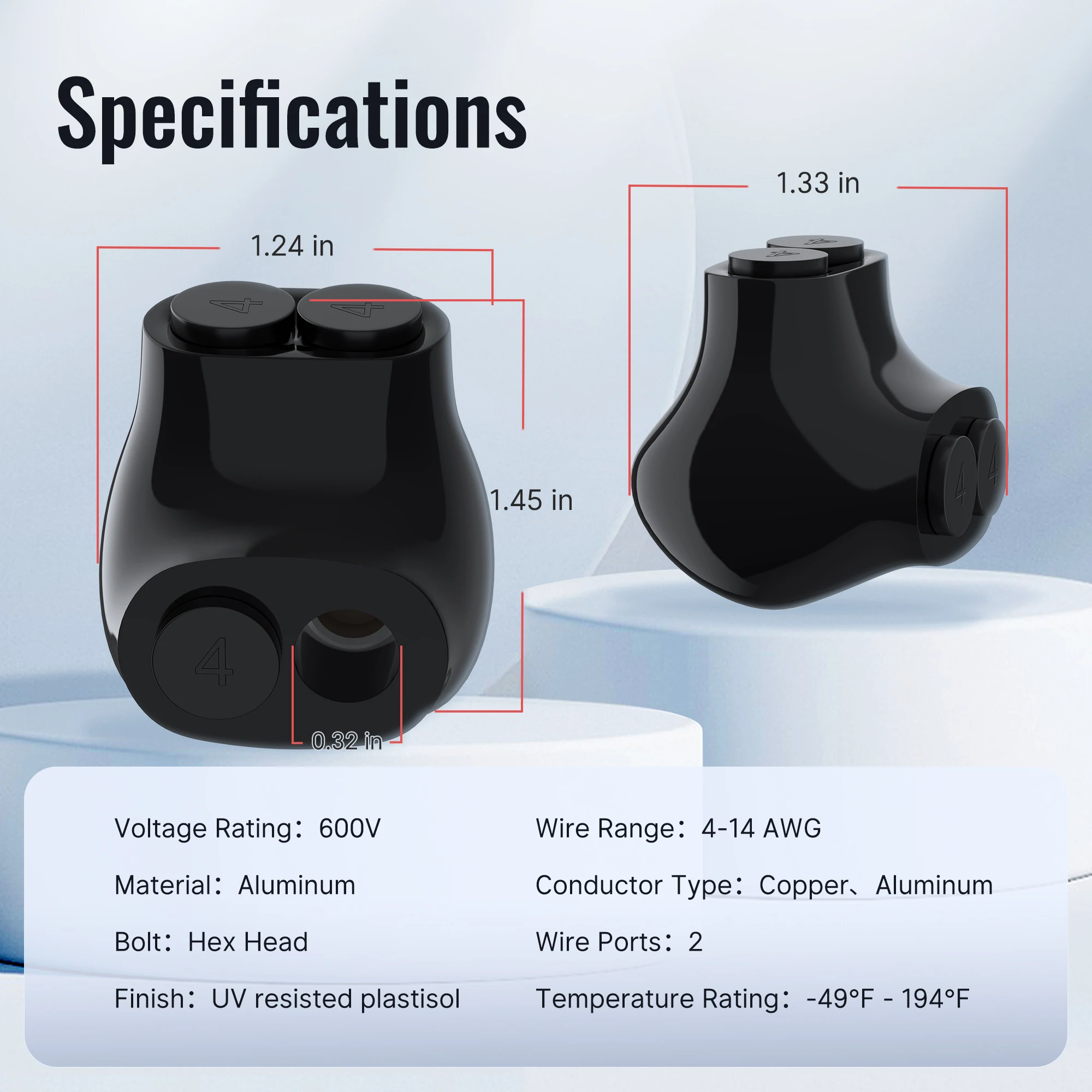 2 Port Insulated Multi Tap Connector 4-14 AWG Aluminum to Copper Wire Connectors Single-Sided Entry Aluminum Wire Connectors