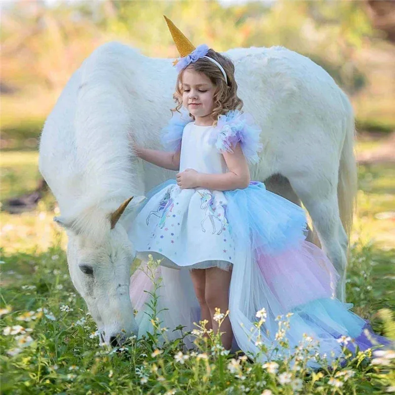 A Christmas Girls Unicorn Dress Costume with Long Tail Wings Wig Hairband Baby Princess Birthday Party Halloween Kid Horse Cloth