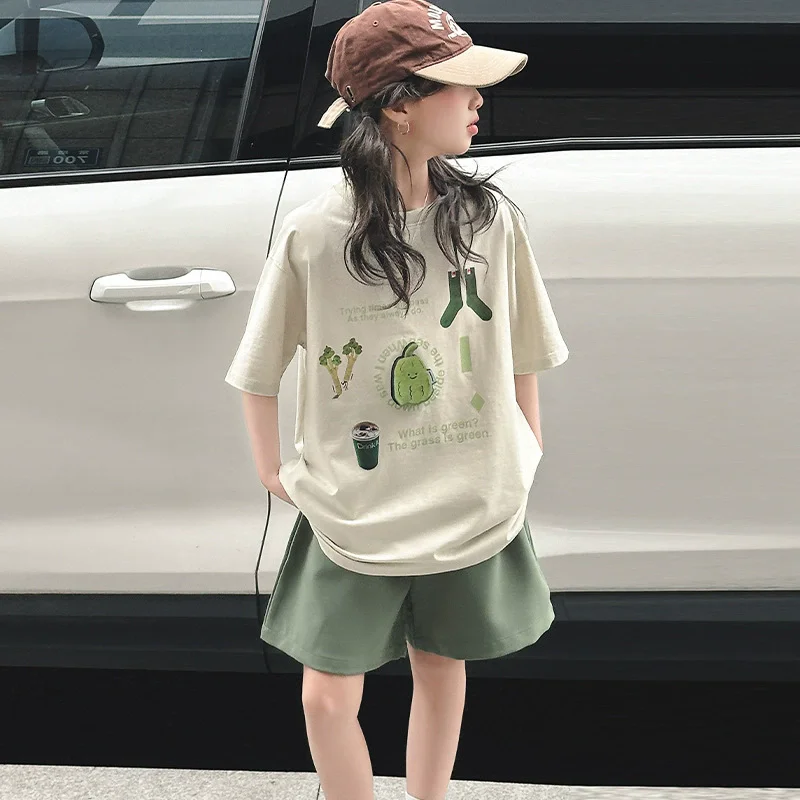 

2025 Summer Children Clothes Set Girls Cotton Clothes tracksuit fruit teenager Kids loose T-shirt top+shorts hot pant 4 -14 Year