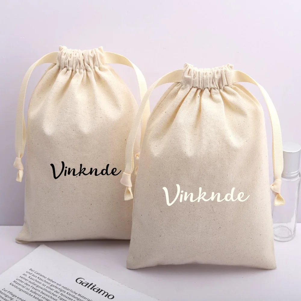 

100Pcs Custom Logo Organic Cotton Muslin Bags 25x35cm Large Travel Shopping Perfume Pouch Canvas Ribbon Drawstring Dust Gift Bag