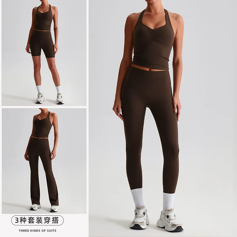Luo Qi New Brushed Back Yoga Outfit Set High Waist Tight Yoga Pants Fitness Outfit Sports Set for Women