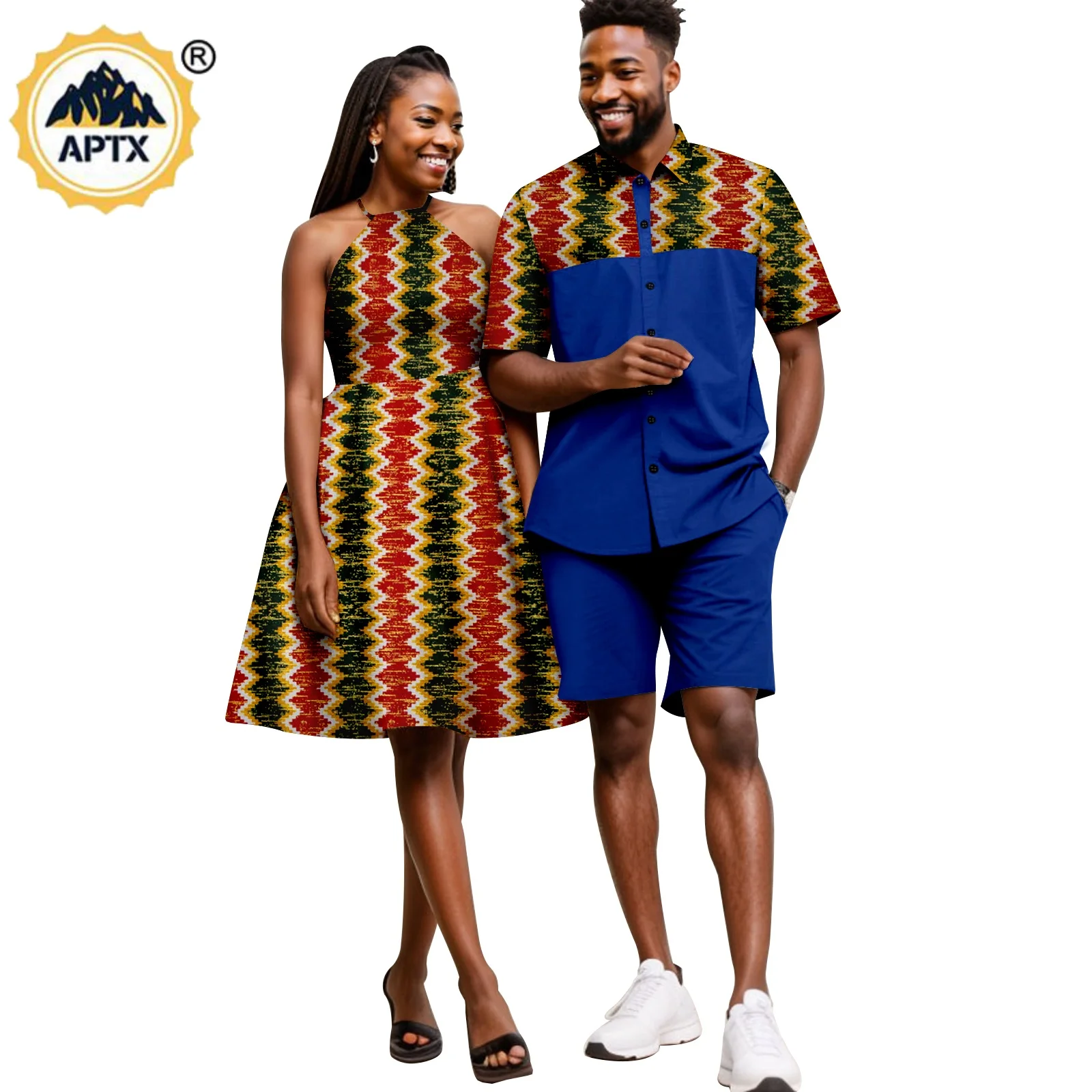 Summer African Sexy Halter Dresses for Women Matching Men Outfits Top Shirt and Short Pant Sets Bazin Couple Clothes 24C028