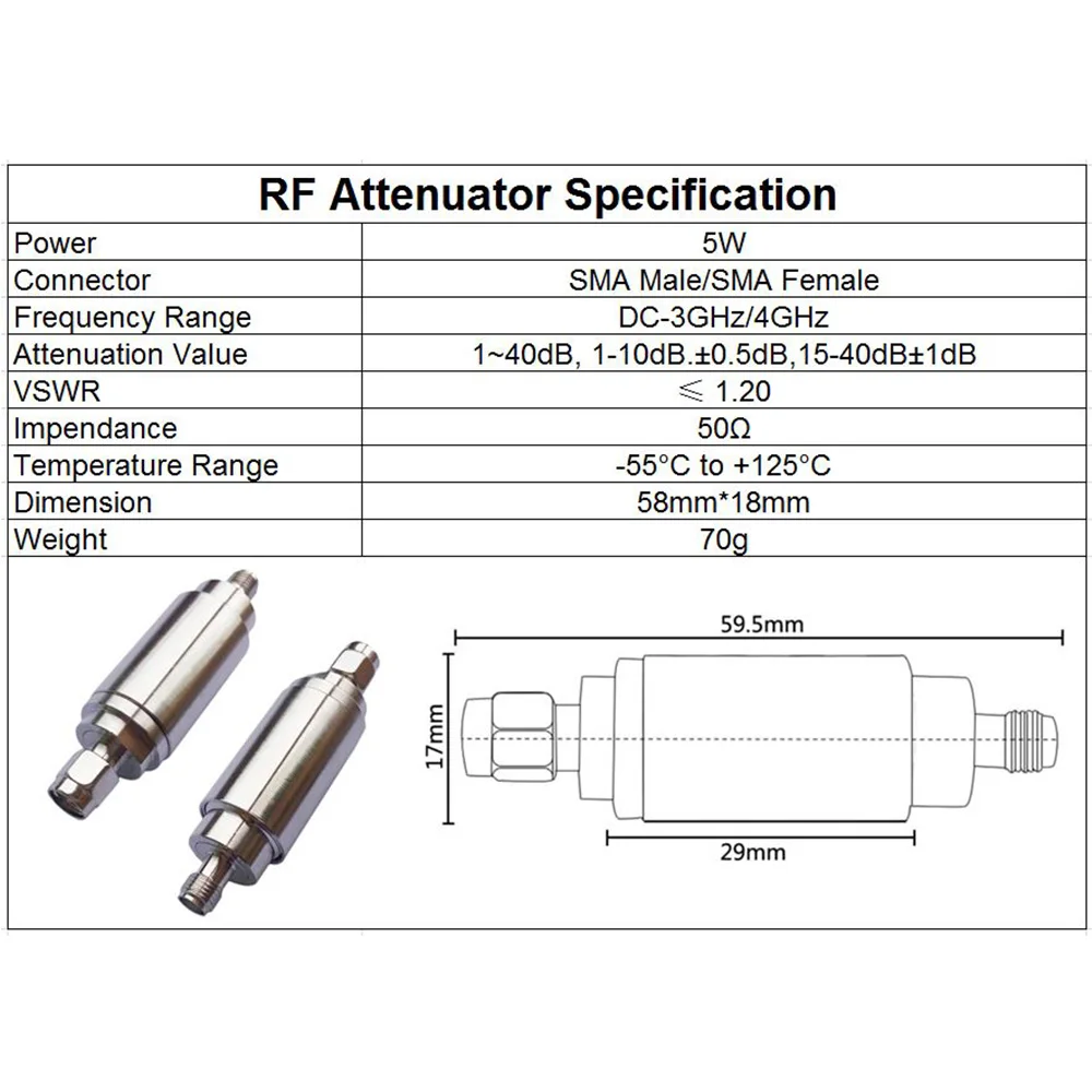 5W SMA Type Attenuator DC-3Ghz/4Ghz 1/2/3/5/6/10/15/20/30db/40db SMA RF Coaxial Power Male Plug to Female Jack 50Ohm