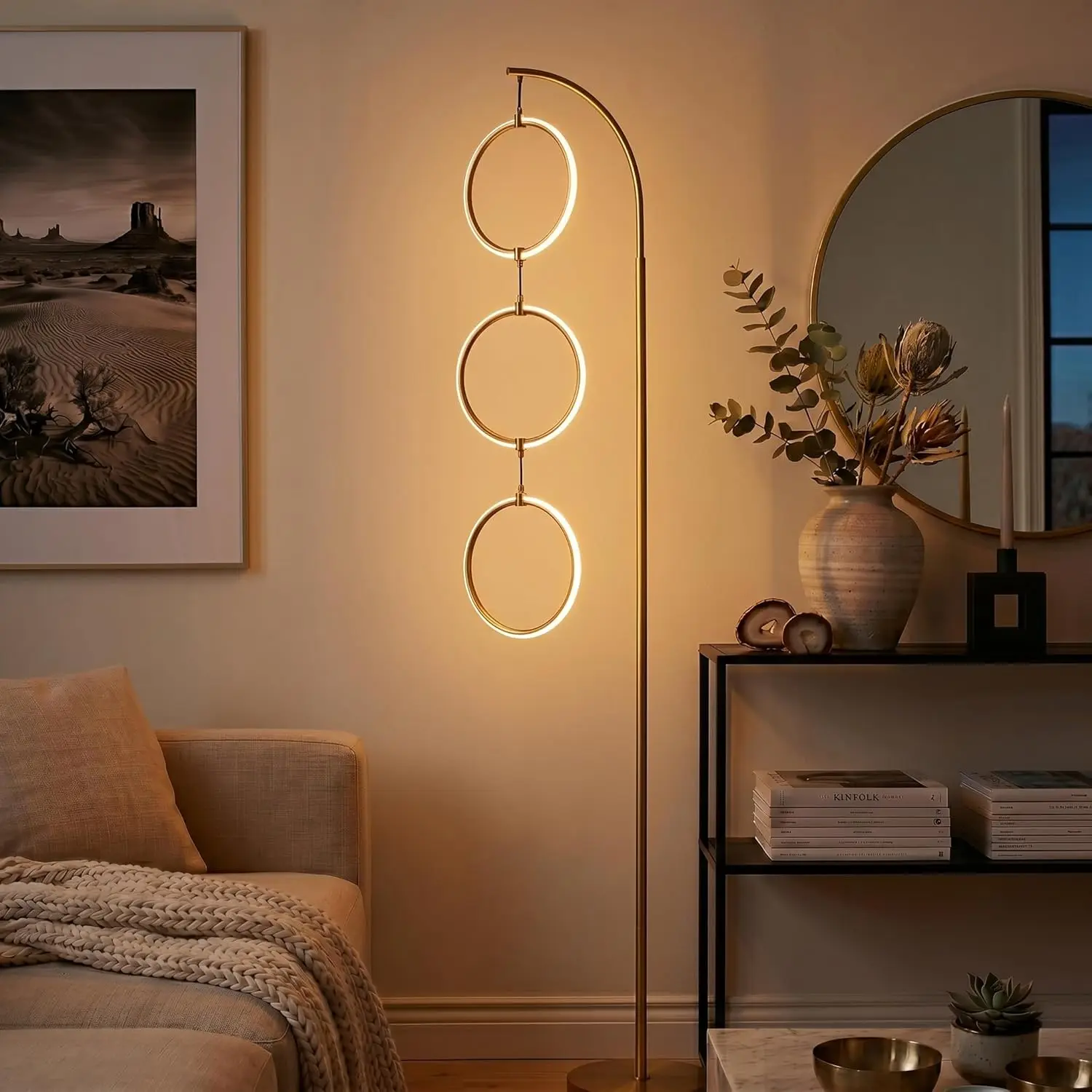 Industrial 3-Light LED Floor Lamp with Built-in 3-Way Dimmer, 74 in. Antique Brass for Living Room