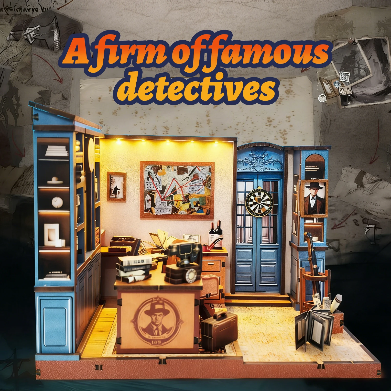 

3d wooden puzzle for adults Famous Detective Agency book nook with lights model kit dollhouse DIY miniature house Birthday and C