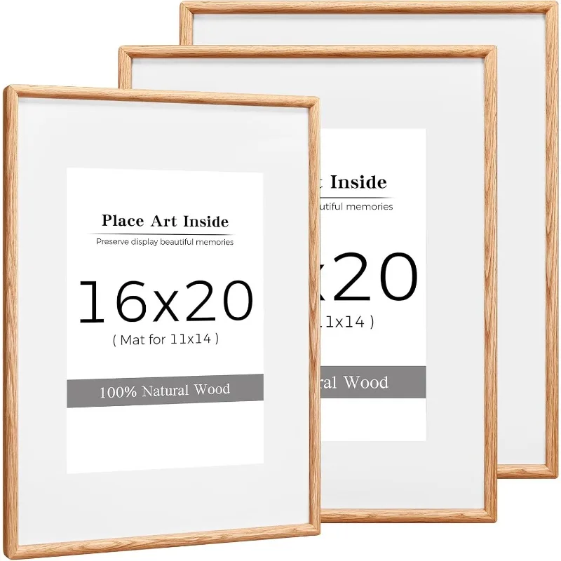 

16x20 Oak Wood Picture Frame with Mat for 11x14, Solid Wood Frame with Tempered Glass - Wall Mount - Modern Design for