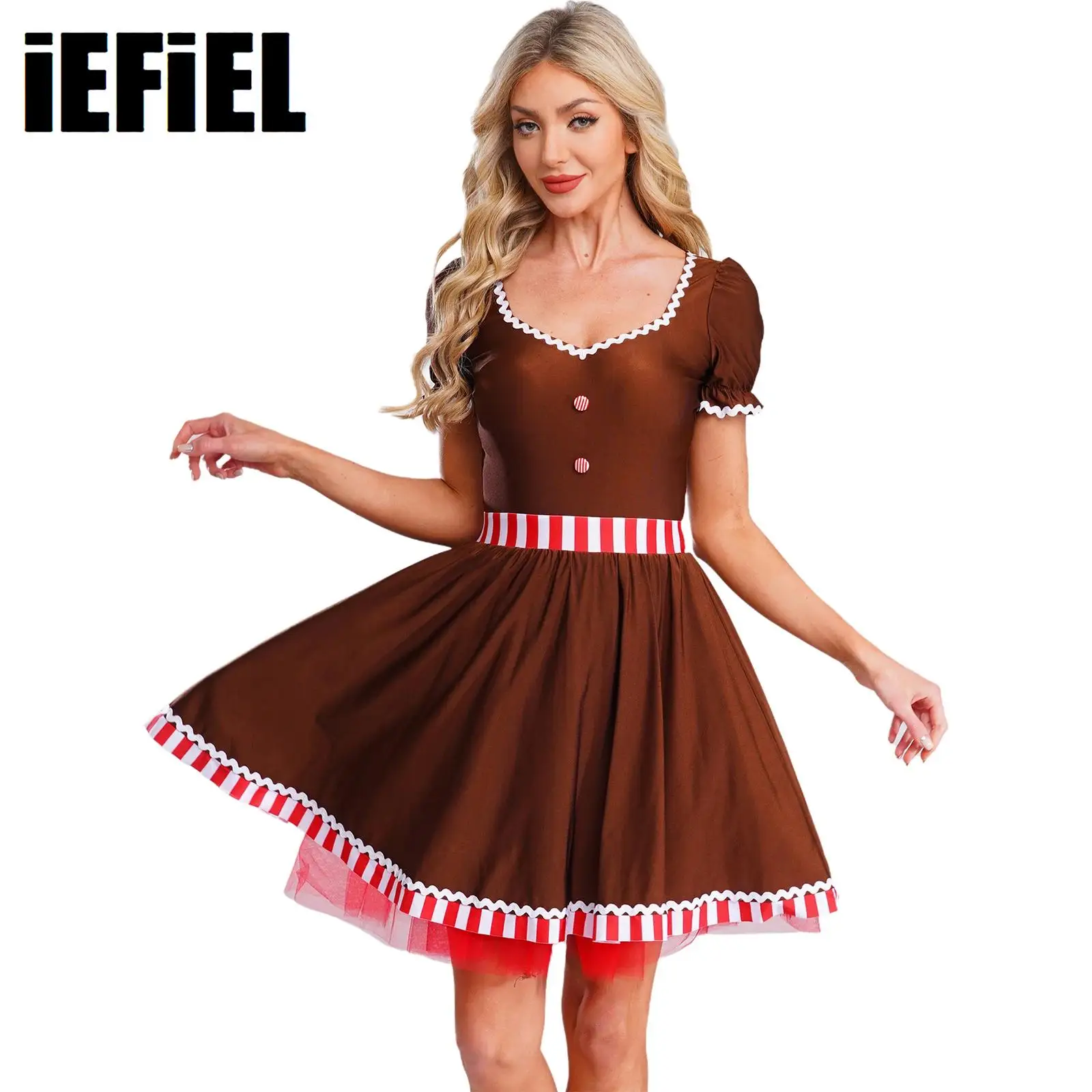 

Women Christmas Gingerbread Man Costume Heart Neck Short Sleeve Ruffle Santa Cookie Man Party Ballet Dress Candy Cane Tutu Dres