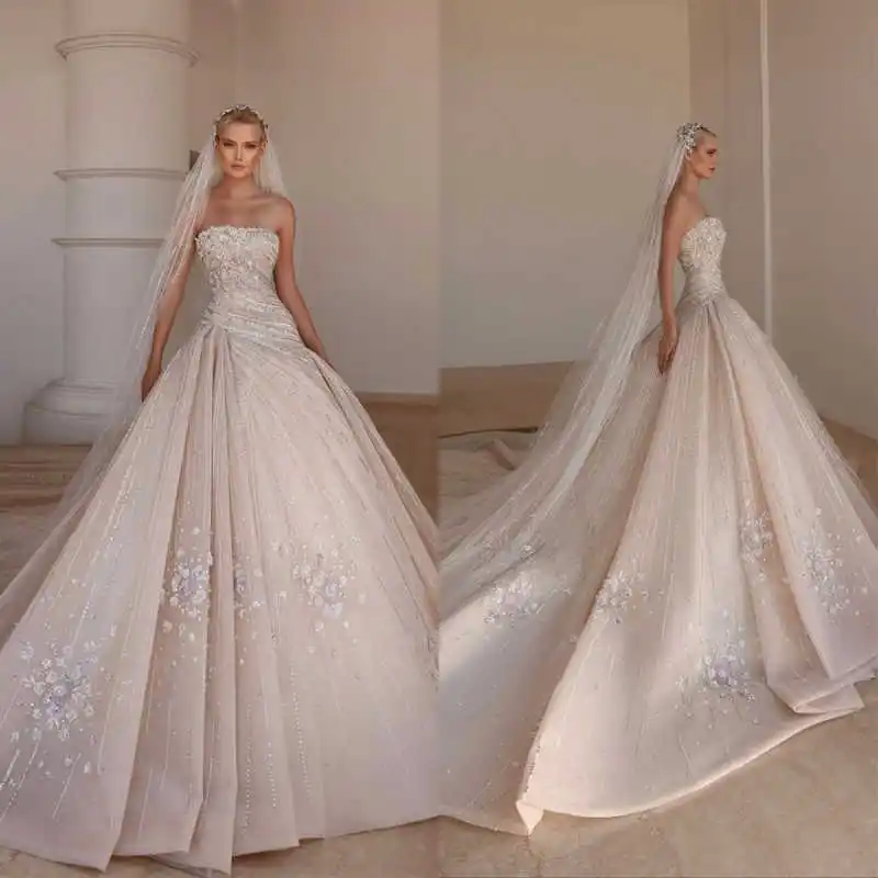 

Luxury Wedding Dress Strapless Beaded Crystal Flowers Bridal Gown Customized Wedding Women Bride Wear Vestidos De Novia