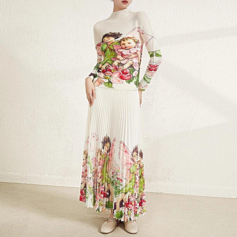 

Spring Summer Luxury Clothes Women 2023 Vintage Long Sleeve Printed Top +draped Long Skirts 2 Piece Sets Women Outfits