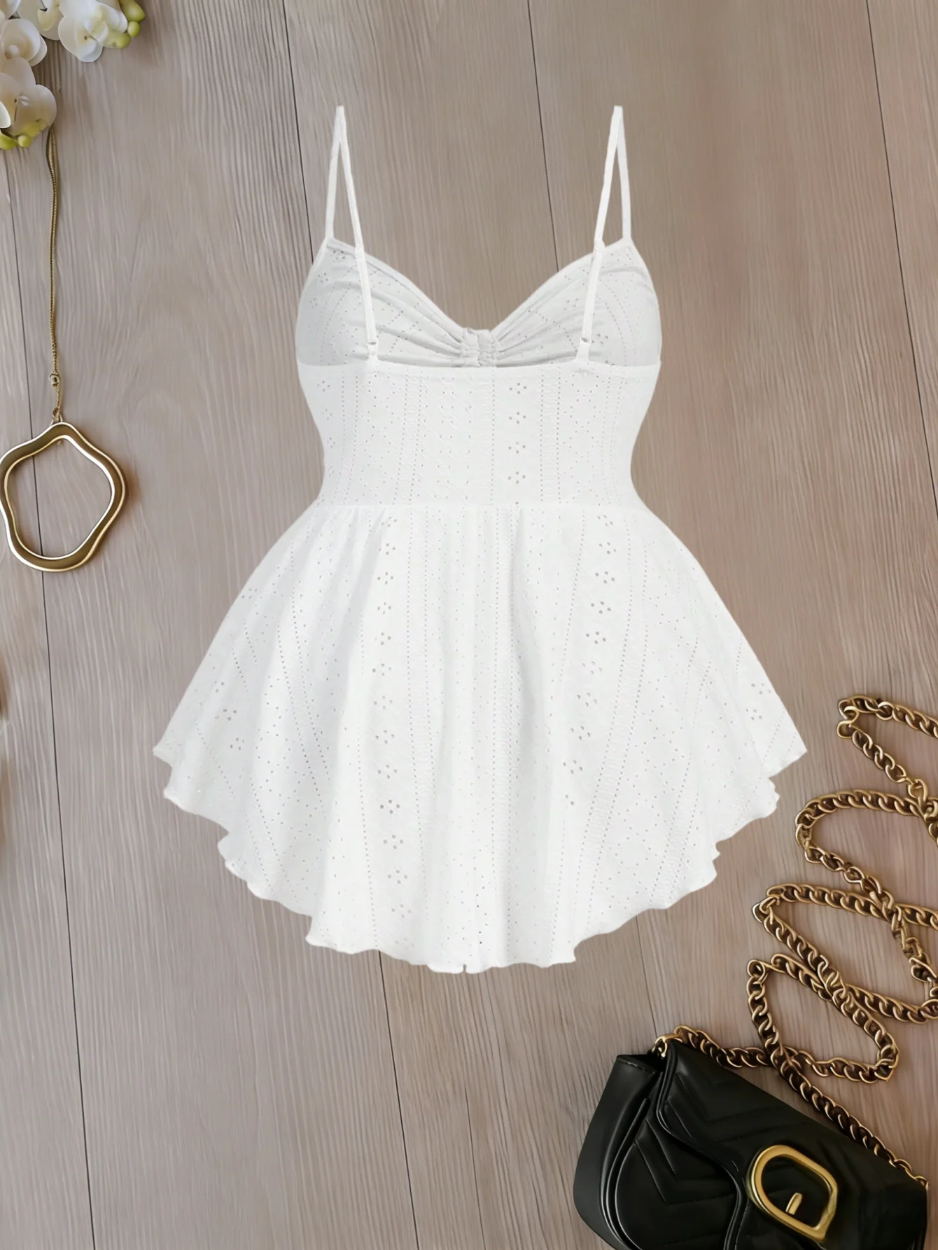 Plus Size Women's White Eyelet Spaghetti Strap Peplum Top