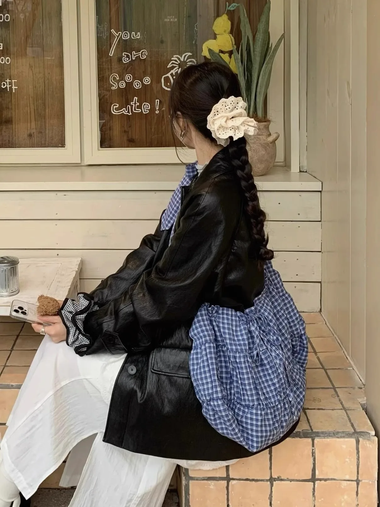 

Summer 2025 New Retro Blue Plaid Dstring Large Capaci Commuter Crossbody Bag Simple Versatile Single oulder Bag