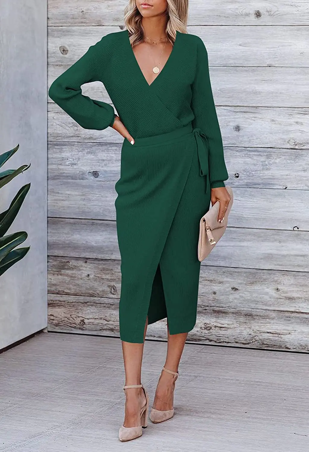 

Women's Dress With V-neck Temperament Solid Color Pullover Sexy Comfortable High Waisted Long Sleeved Autumn Winter Dress