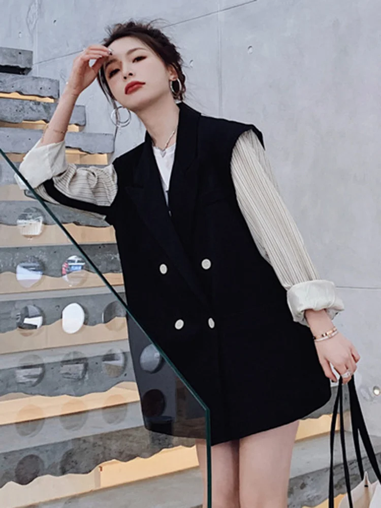 LANMREM Patchwork Color Block Blazer For Women Double Breasted Lapel Long Sleeve Loose Coat Female Fashion 2024 Autumn 2N747