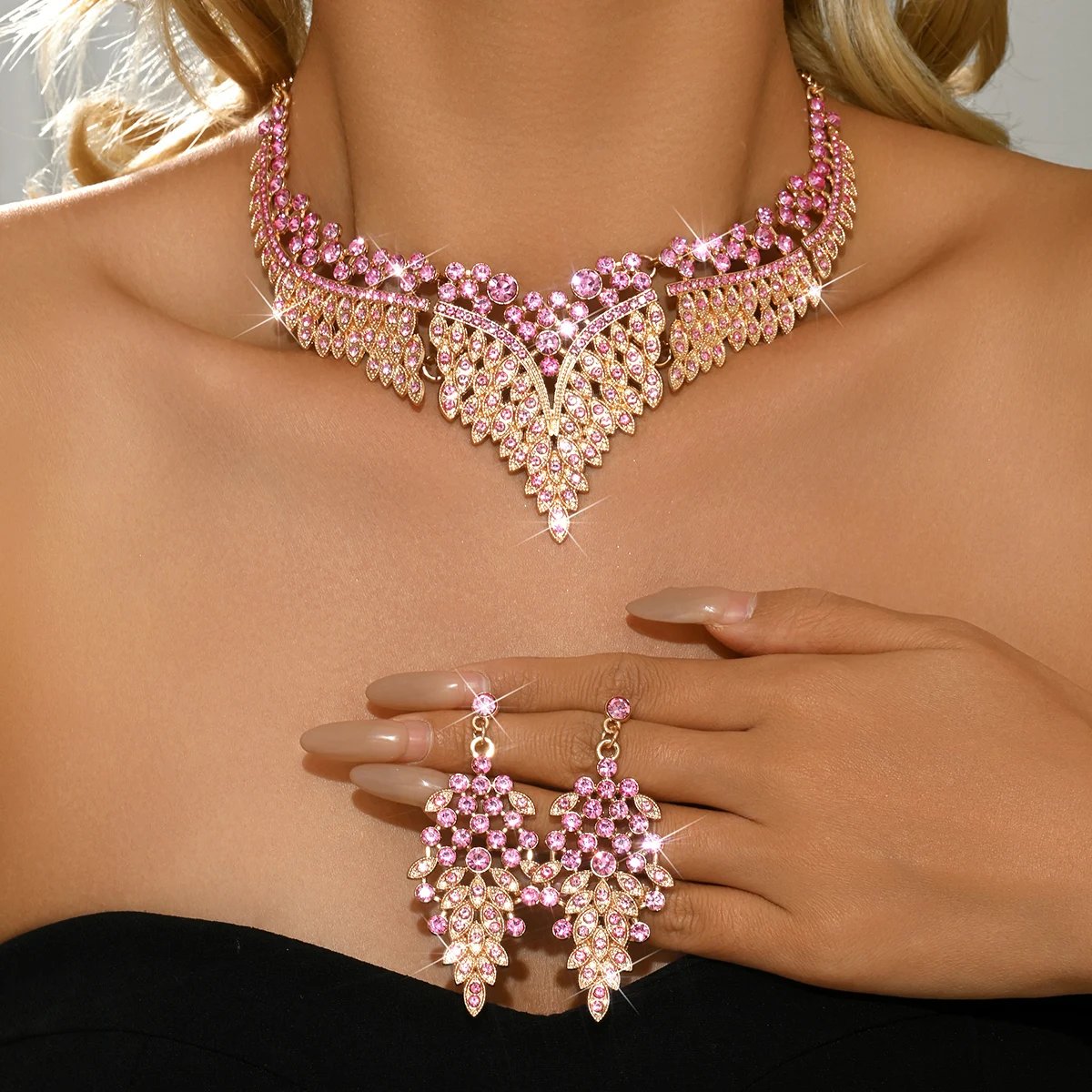 Damen Mehrfarbiges Diamant-Extravagantes Halsketten- und Ohrring-Set (2-teilig) für Bankett, Ball und Partykleid mit Accessoires – Detail 5