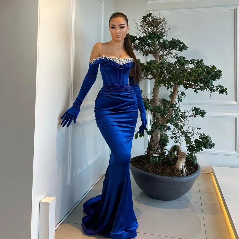 

Dubai Velvet Navy Blue Off The Shoulder Mermaid Prom Dress Arabia Long Sleeve Evening Dress Cocktail Party Gowns Customized