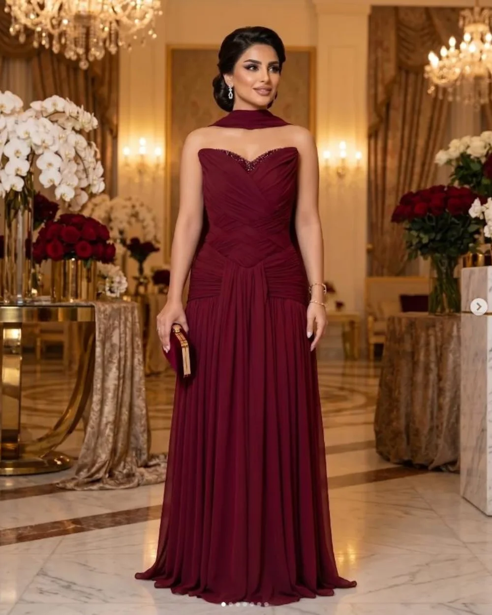 

Customized Burgundy Chiffon Formal Modest Beading Sequined Draped Shawl A-line Strapless Floor-Length Evening Dresses for Woman
