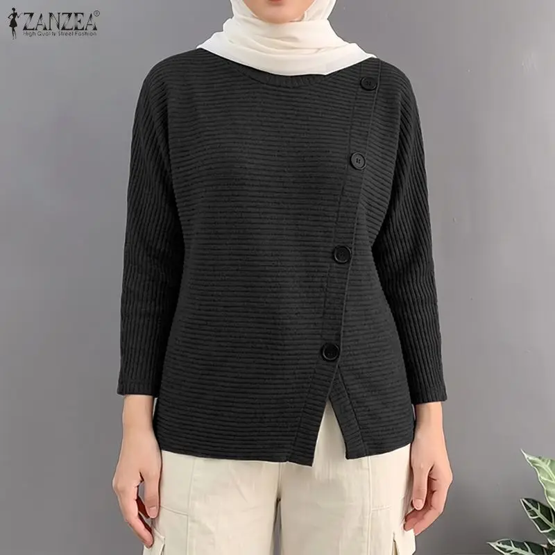 ZANZEA Stylish Autumn O Neck Long Sleeve Knit Tops Women Work Wear Pullover Casual Solid Irregular Buttons Desgin Chic Blouse