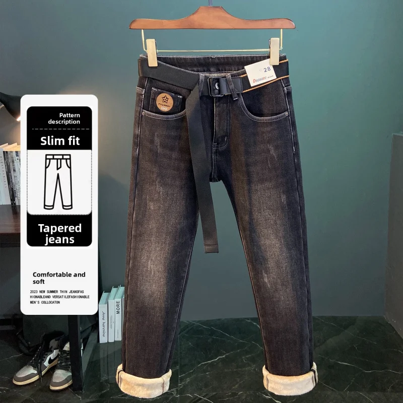 2025 Winter Plush Thick Denim Men's Casual Simple Elastic Slim Fit Small Feet High end Fashion Warm Denim Pants