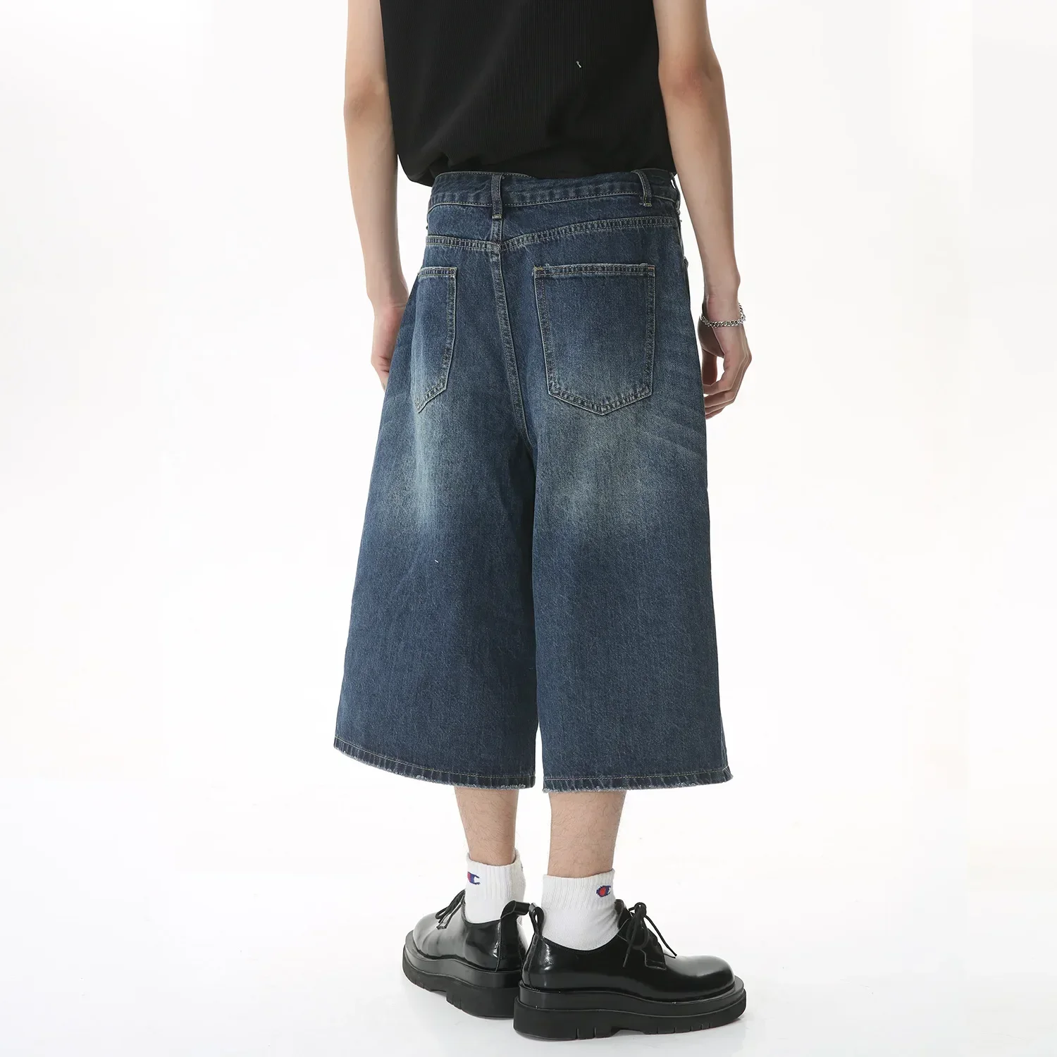 Letnie szerokie jeansowe szorty męskie, elastyczne jeansowe szorty męskie, designerskie szorty streetwearowe męskie, codzienne spodnie do połowy łydki.