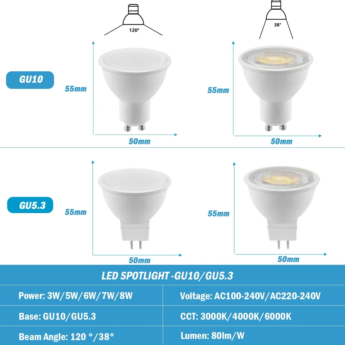 Imagem -02 - Spotlight Led Branco Quente Luz Alta Substituir a Lâmpada de Halogéneo Gu10 Gu5.3 220v ac 100240v ac 3w8w 38 120 Graus 50w 100w Peças