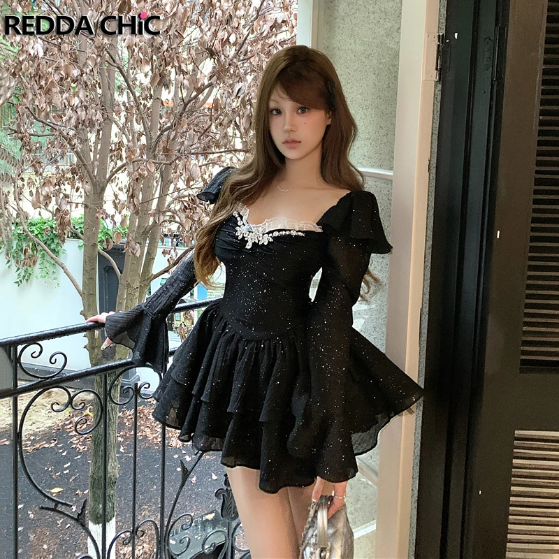 

Роскошное женское Пышное Платье-пачка со стразами ReddaChic, блестящее платье с расклешенными рукавами, многослойное мини-платье с оборками, вечерняя официальная одежда