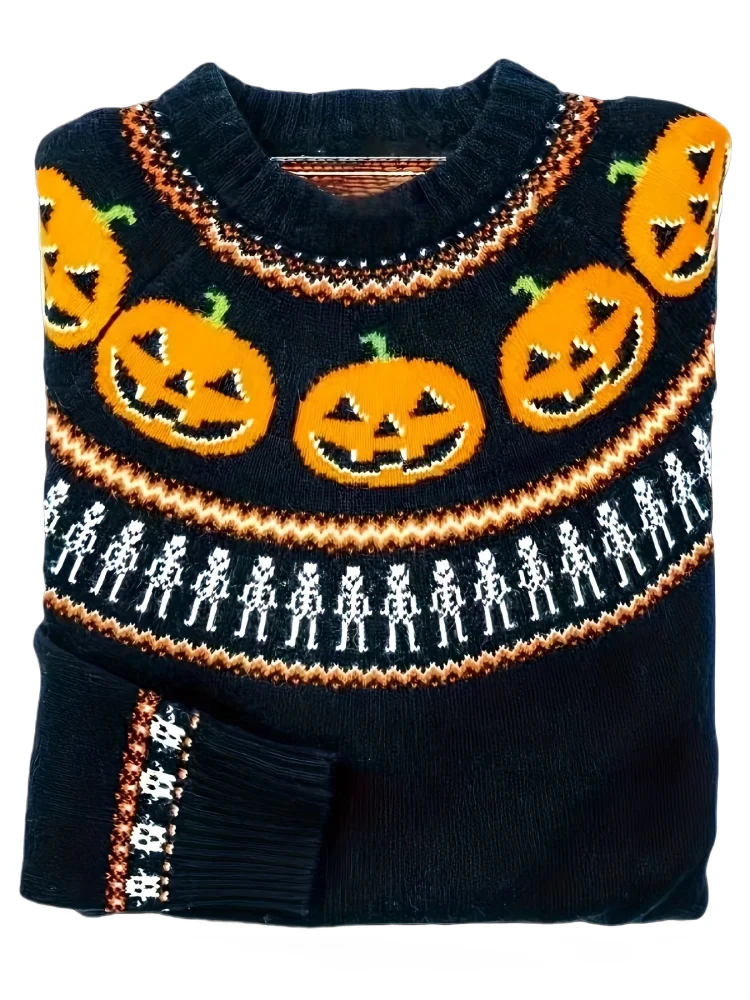 Halloween Women\'s Sweater Long Sleeve Knitted Pumpkin Skull Printed Pullover Warm Fall Winter Fashion Comfort Women Sweater