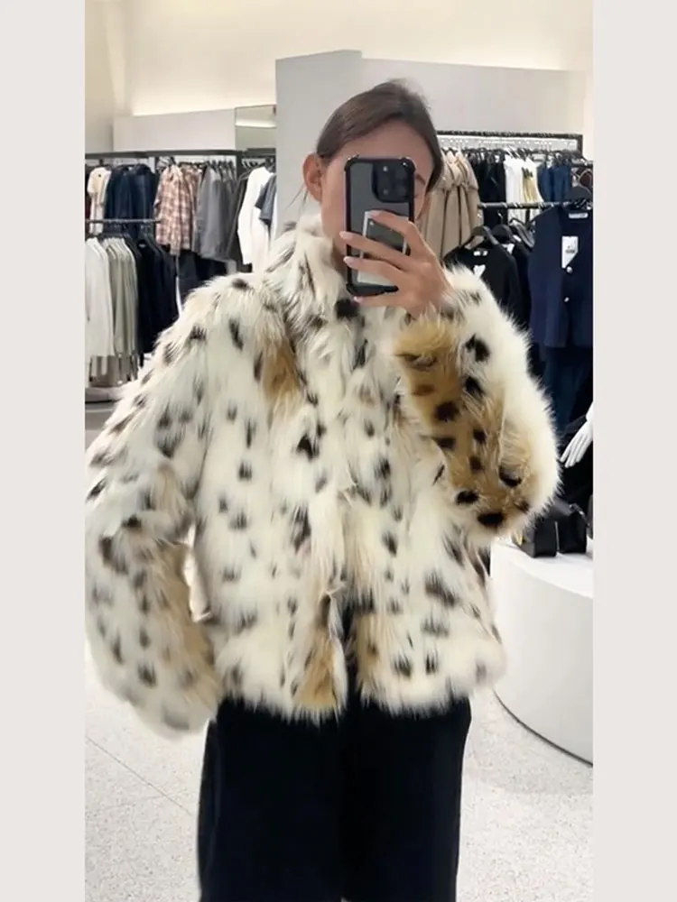 Women Point Print Faux Fur Warm Short Jackets Chic Lapel Long Sleeve Crop Warm Coat 2024 New Winter Lady Thick Outerwear