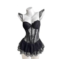 French Ribbon Corset Set - MOYISU Fishbone Lace Bodice, Waist Cincher Top & Bustier Bra for Hourglass Shape (CA Sizing 3 Colors)