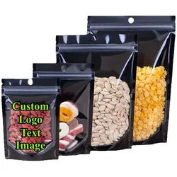 100PCS Stand-up Clear Glossy Black Ziplock Bag DIY Custom Logo Matcha Tea Snack Candy Coffee Beans Dates Gifts Packaging Pouches