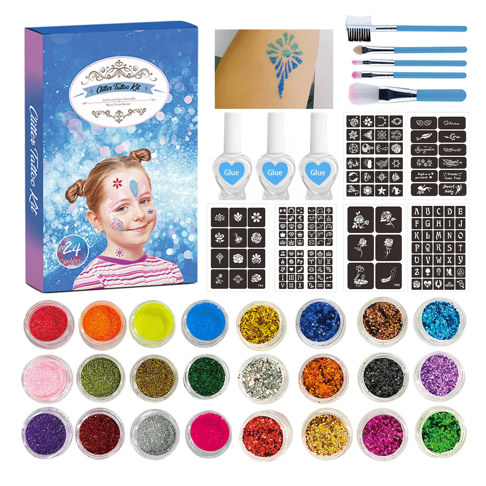 Colorful Diamond Glitter Temporary Tattoo Set Glitter Powder Makeup Brush Tattoo Glue Tattoo Party Face Body Art Kits For Kids