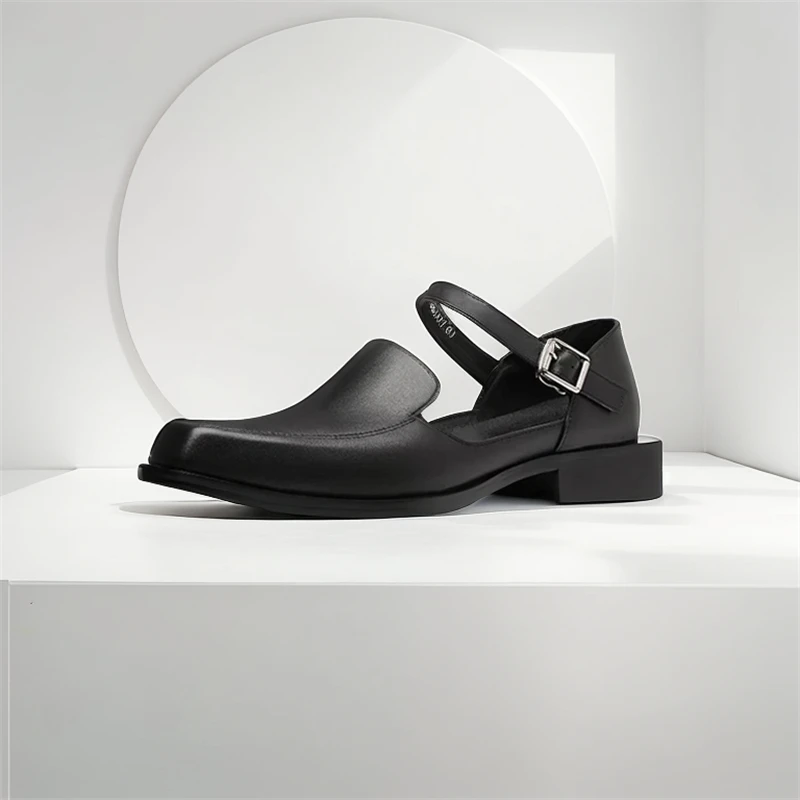 

Leather Sandals Men Calfskin Footwear Buckle Strap Luxury Square Toe Mens Black Formal Dress Shoes
