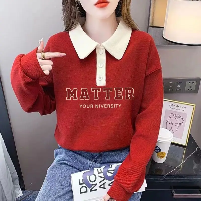 2023 Spring and Autumn Women's Contrast Color Polo Neck Long Sleeve Button Letter Embroidery Loose Pullovers Fashion Casual Tops