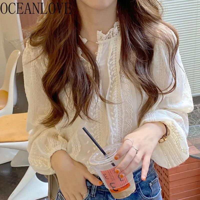 OCEANLOVE Spring Autumn Lace Shirts&blouses Women Tops Korean Fashion Chic Solid Blusas Feminina Elegant Sweet Camisas