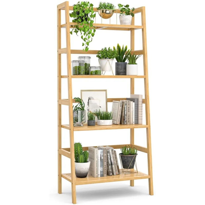 

Bamboo bookshelf 4-layer ladder shelf, free-standing open bookcase plant shelf, suitable for home office
