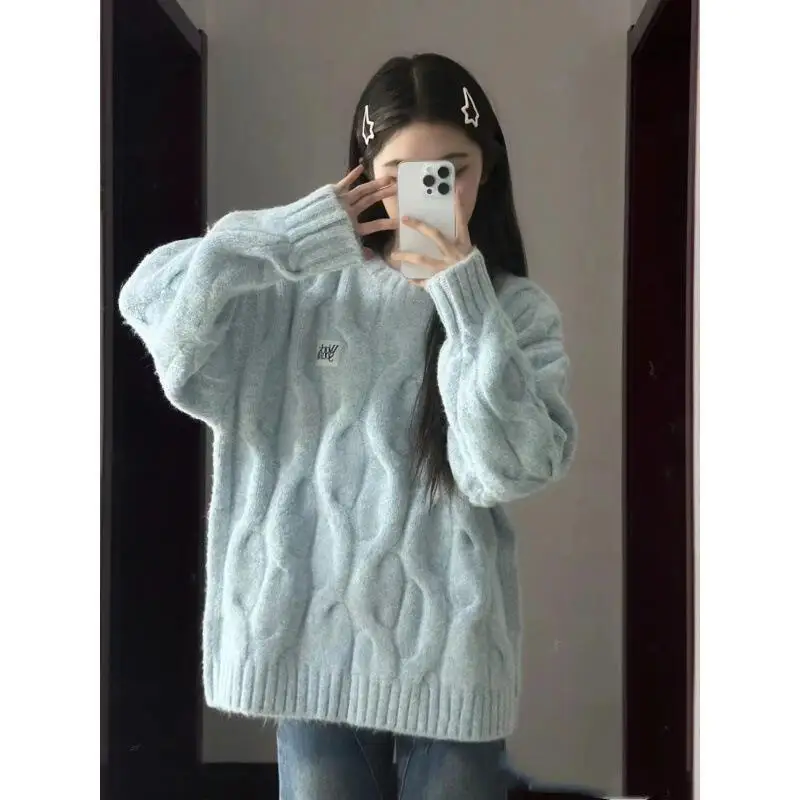 

Утолщенный свободный женский вязаный свитер в корейском стиле для девочек, кардиган, пуловер с круглым вырезом, мягкая осенне-зимняя верхняя одежда, ленивый топ